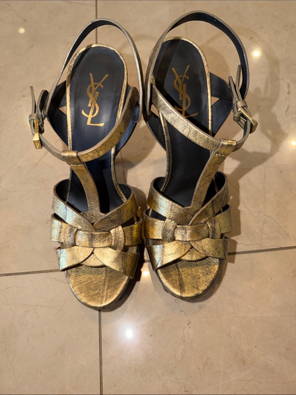 Yves Saint Laurent Metallic Gold Leather Knot T-Strap Heels size 39